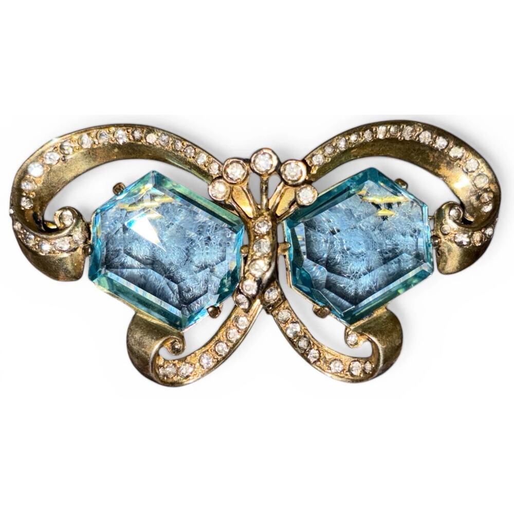 Eisenberg Original Sterling Art Deco Butterfly Brooch Gold Plated Aquamarine 925